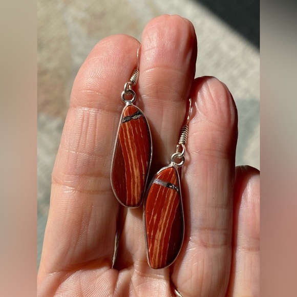 Hand Crafted Jewelry - Handmade Unique Red Convoluted Jasper Flame 925 Sterling Silver Earrings